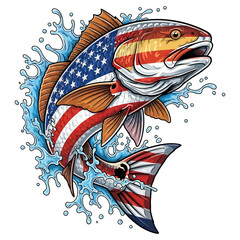 Jumping red drum fish with American flag pattern splashing water illustration