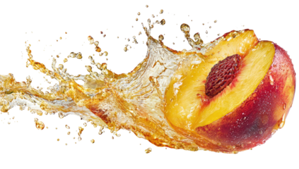 A halved peach with a deep red pit bursts in a splash of clear juice