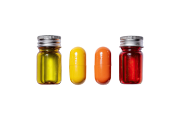 Four vials and capsules, a colorful health and medicine composition with light and shadow