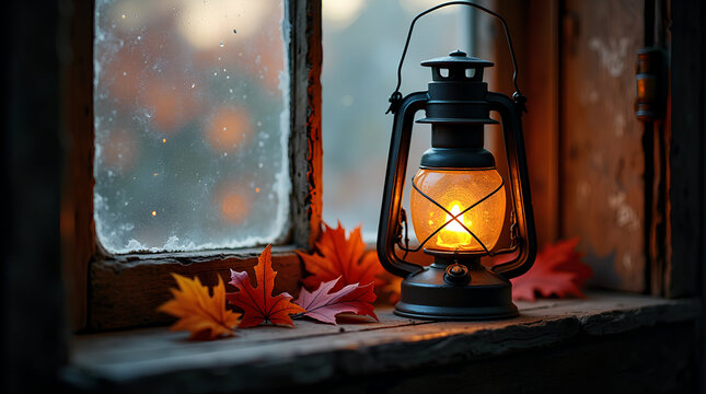 Cozy Autumn Evening Vintage Lantern Glows on Rustic Window Sill