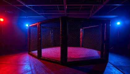 Illuminated MMA Cage in Dark Room with Blue and Red Lights.
