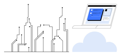 Skyline with circuit lines representing connectivity next to laptop with UI, positioned above a cloud. Ideal for smart city, innovation, technology, connectivity, cloud computing, data sharing