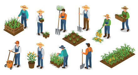 Isometric farming activities with farmers growing and harvesting crops