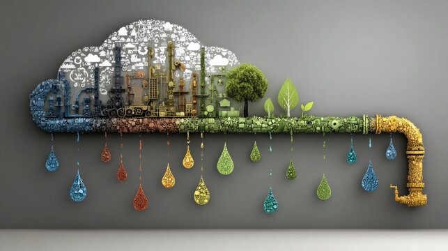 Explore a visually stunning concept merging industry, nature, and sustainability, showcasing a unique eco-friendly future where manufacturing harmonizes with the environment