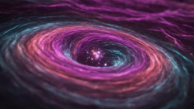 A digital rendering depicting a swirling vortex with vibrant, cosmic colours, and deep space