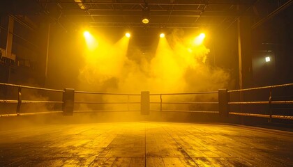 Empty Boxing Ring Under Dramatic Yellow Lights.