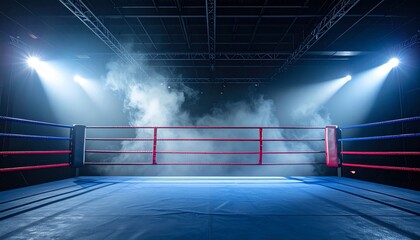 Boxing Ring Under Bright Lights with Smoke.