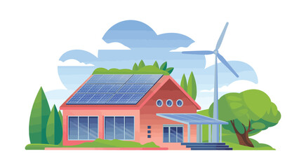 Sustainable home powered by solar panels and wind turbine for eco-friendly lifestyle