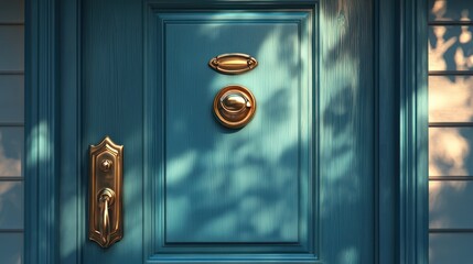 Teal door with gold hardware, sunlight shadows