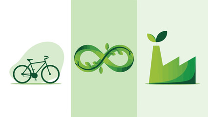 Go green with eco-friendly transport, infinite recycling, and sustainable industry symbols
