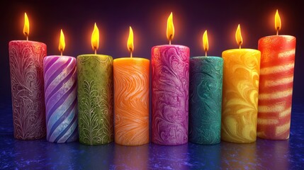 Colorful candles burning brightly on dark surface