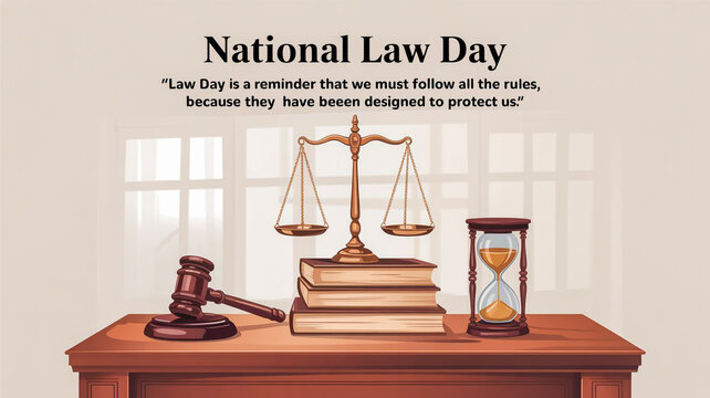 Celebrate national law day with justice scales gavel books and hourglass symbolizing fair legal practice