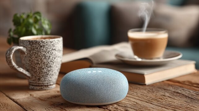 Relaxing morning scene with steaming coffee, cozy book, and smart home speaker on rustic wood table, perfect for lifestyle blogs and technology advertisements