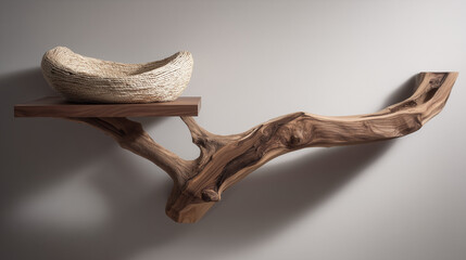 Fototapeta premium Luxury wall mounted cat platform with thick walnut tree branch and woven nest in modern minimalist style