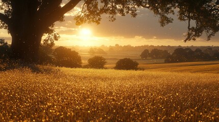 Fototapeta premium Golden sunset over a sunlit field
