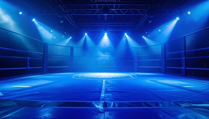 Illuminated Boxing Ring with Blue Lights and Dramatic Atmosphere.