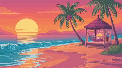 Dreamy tropical beach sunset with swaying palms and tranquil ocean views for vacation vibes