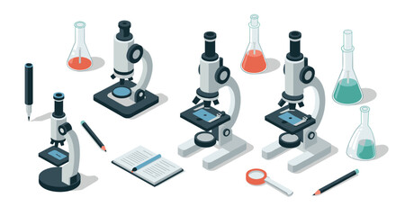 Isometric microscope lab scene with scientific equipment and open book