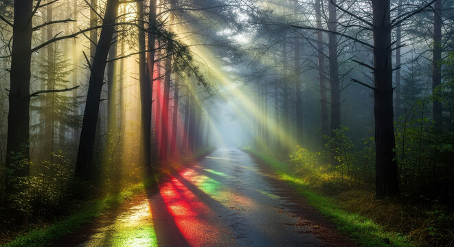 Sunbeams illuminate a misty forest path with vibrant rainbow colors - Powered by Adobe