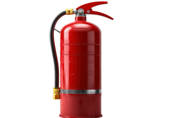 Red fire extinguisher stands ready for safety and emergency use in homes and commercial buildings on transparent background