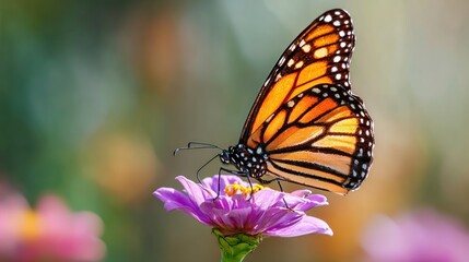 Fototapeta premium Orange butterfly rests on a pink flower with a blurred background.