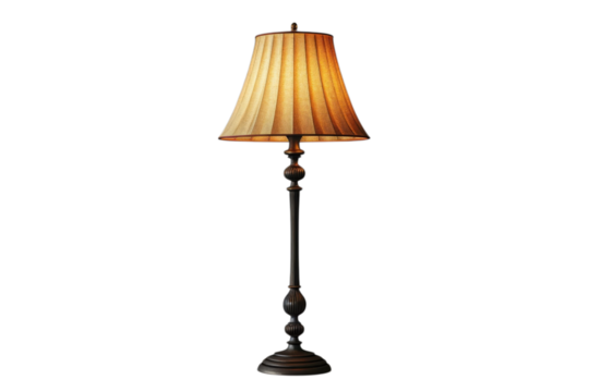 Elegant floor lamp with a pleated shade provides warm ambient lighting in a dark room setting indoors on transparent background
