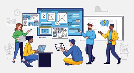 A diverse creative team collaborates on user interface design, developing a website wireframe and application flowchart in a modern office