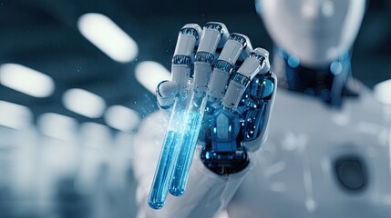 Futuristic Robot Holding Test Tubes with Glowing Liquid in Laboratory Environment