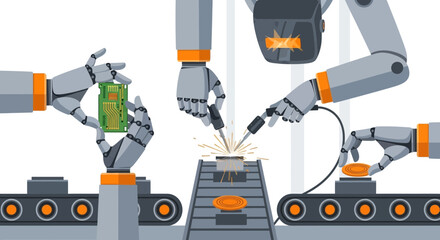 Industrial Automation Robotic Arms Engaged in Precision Manufacturing on an Assembly Line, Showcasing Modern Technology and Efficient Production Processes