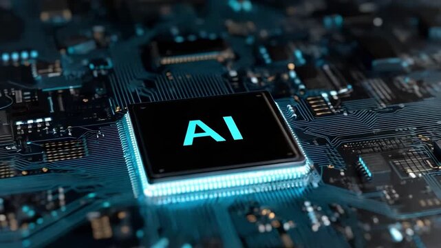 Close-up of an AI processor chip on a circuit board.