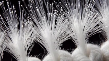 Close-up of white fluffy yarn tufts with feathery filaments along a braided rope. - Powered by Adobe