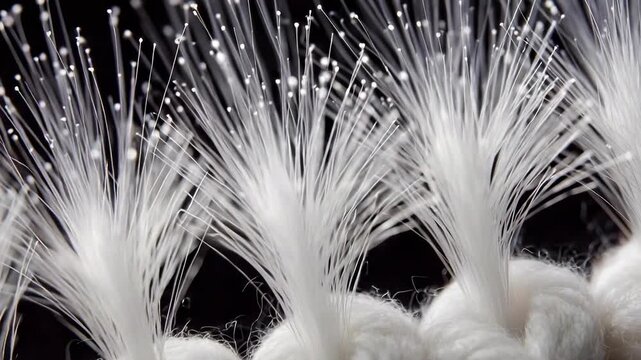 Close-up of white fluffy yarn tufts with feathery filaments along a braided rope.