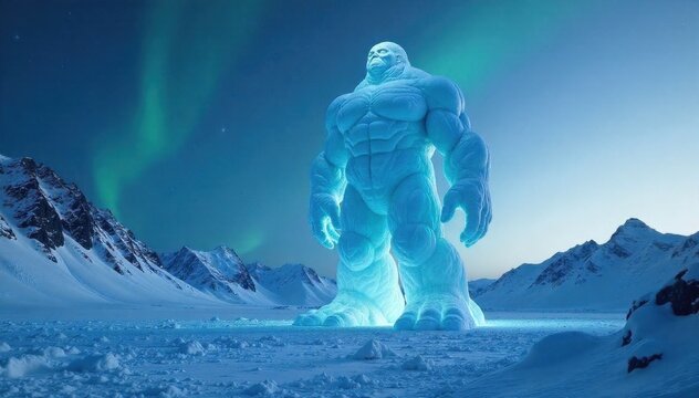 Winter Solstice Ice Golem Guardian A colossal golem formed entirely of shimmering ice and snow. It stands tall and stoic in a vast, snow covered mountain pass. The sky is a deep twilight blue, with