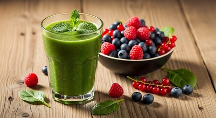 Green smoothie and berries on a timber surface Green kiwi fruit and kale smoothie with berries