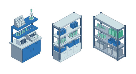 Obraz premium Isometric laboratory equipment with shelves and scientific tools in blue tones