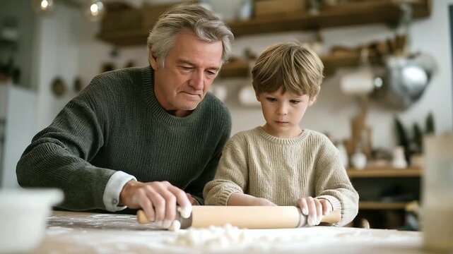 grandfather demonstrating printmaking technique with roller to child ink rolling sound curiosity craft three quarter wide angle cinematic color correction gentle backlight clean