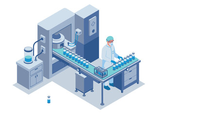 Isometric lab technician in pharmaceutical production facility