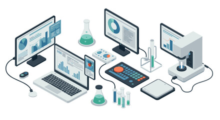 Isometric laboratory equipment and digital data analysis setup for scientific…