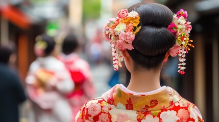 Geisha in the crowd: The back of a geisha adorned in a beautiful kimono, her ornate hairstyle decorated with flower, strolls along a bustling street, capturing the essence of cultural beauty.