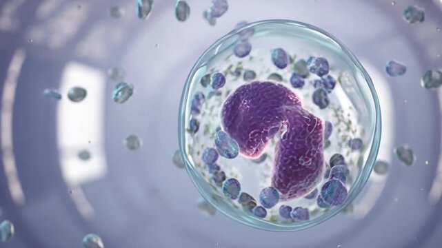 BASOPHIL WHITE BLOOD CELL UNDER MICROSCOPE &ndash; MICROSCOPIC 3D MEDICAL ANIMATION OF HUMAN IMMUNE SYSTEM FUNCTION