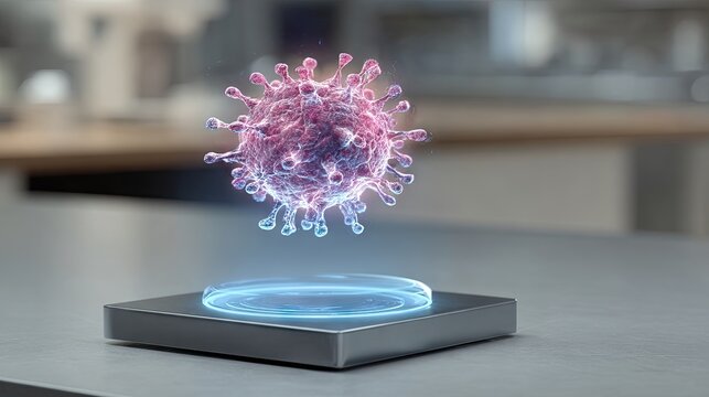 3D Render of a Coronavirus Particle with Vibrant Colors Floating Above a Modern Surface in a Laboratory Setting - Powered by Adobe