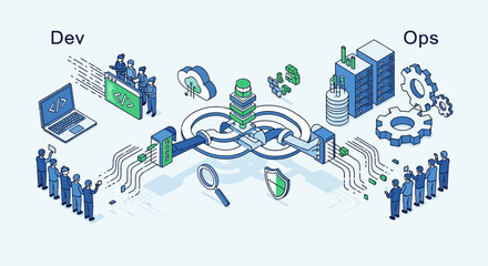Isometric vector illustration of the continuous integration and delivery lifecycle, showing the automated workflow between development and operations teams