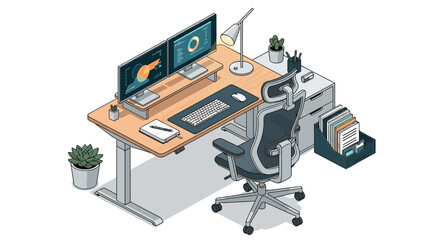 Modern ergonomic home office setup with dual monitors, adjustable desk, and comfortable chair, ideal for productivity and remote work