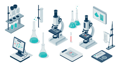 Isometric laboratory equipment set with microscopes and scientific tools
