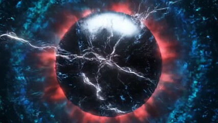 A metallic orb with circuit details is struck by energy within a nebula