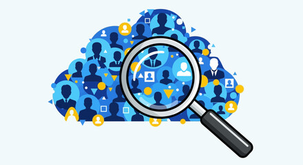 Cloud computing data privacy and security concept magnifying glass over a cloud network of user icons representing data management and analysis