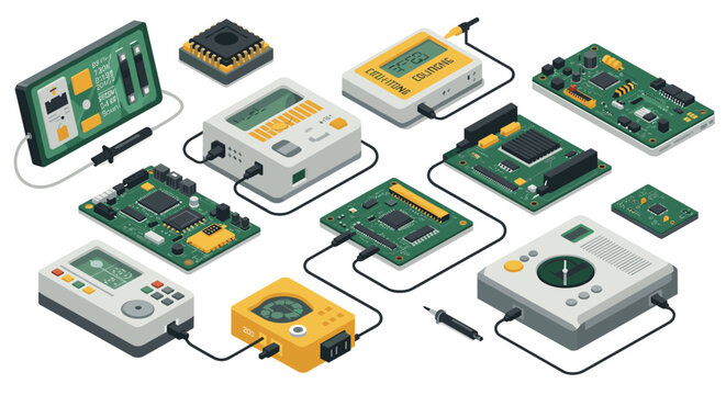 Isometric electronic circuit boards and devices in modern tech layout