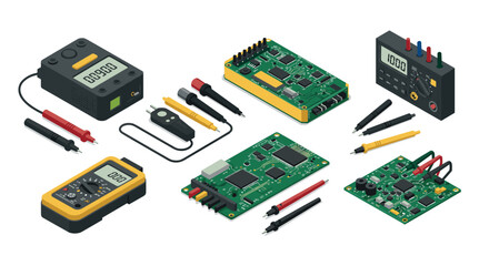 Isometric electronic components with circuit boards and multimeters