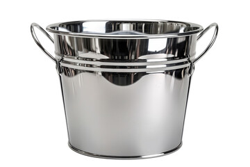 Polished stainless steel ice bucket with handles for chilling beverages at parties and events on transparent background