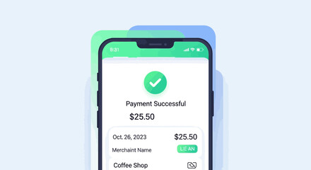Illustration of successful payment confirmation on a mobile phone screen, digital transaction complete